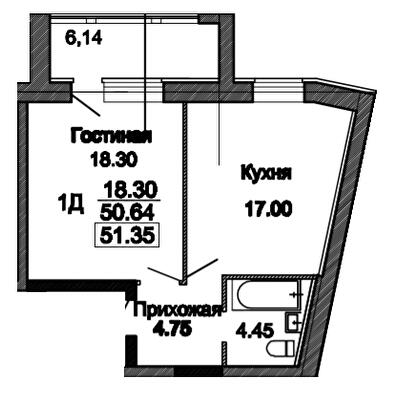 1-комнатная 51.35 м² в ЖК Пролисок от 22 350 грн/м², Днепр