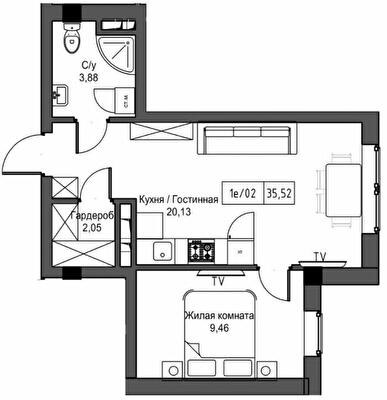 1-комнатная 35.52 м² в ЖГ ARTVILLE от 23 650 грн/м², пгт Авангард