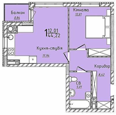 1-комнатная 44.72 м² в ЖК Континент от 25 500 грн/м², с. Сокольники