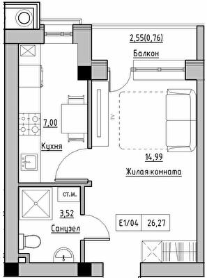 1-кімнатна 26.27 м² в ЖК KEKS від 22 250 грн/м², смт Авангард