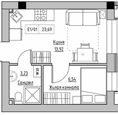 1-кімнатна 23.69 м² в ЖК KEKS від 14 750 грн/м², смт Авангард