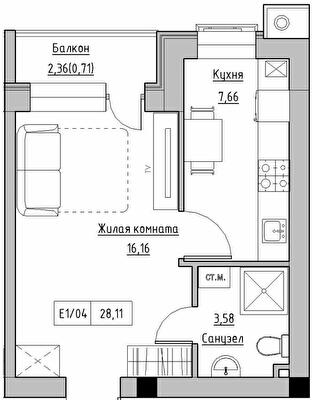 1-комнатная 28.11 м² в ЖК KEKS от 14 750 грн/м², пгт Авангард