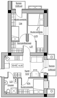 3-комнатная 44.92 м² в ЖК KEKS от 20 150 грн/м², пгт Авангард