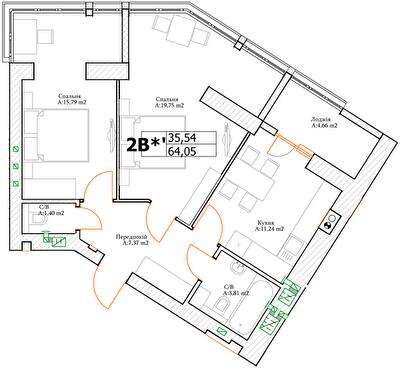 2-комнатная 64.05 м² в ЖК Green Life-3 от 26 550 грн/м², г. Ирпень