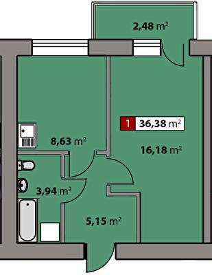 1-кімнатна 36.38 м² в ЖК Парковий квартал від 16 500 грн/м², Черкаси