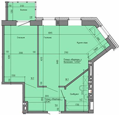 1-комнатная 43 м² в ЖК Надеждинский от 31 600 грн/м², Днепр