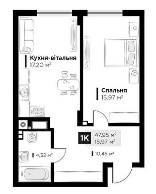 1-кімнатна 47.95 м² в ЖК FEEL HOUSE від 26 100 грн/м², с. Сокільники