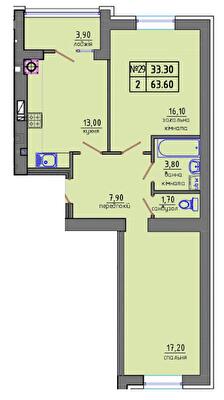 2-комнатная 63.6 м² в ЖК Gloria от 19 500 грн/м², Житомир