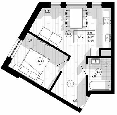 1-комнатная 37.49 м² в Апарт-комплекс COMPASS CENTER от 67 250 грн/м², Киев