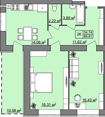 2-комнатная 69.81 м² в ЖК Правильный вибор от 27 150 грн/м², Винница