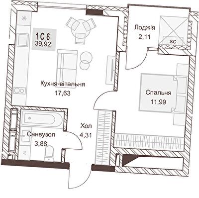 1-кімнатна 39.92 м² в ЖК Pokrovsky Apart Complex від 31 550 грн/м², Рівне