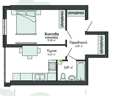 1-комнатная 43.17 м² в Клубная резиденция O`Club от 31 255 грн/м², с. Крюковщина