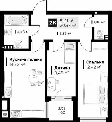 2-комнатная 51.21 м² в ЖК FEEL HOUSE от 25 700 грн/м², с. Сокольники