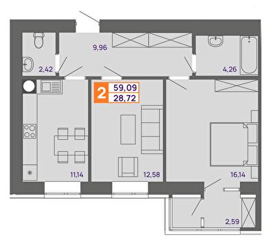 2-комнатная 59.09 м² в ЖК Молодежный от 15 000 грн/м², Хмельницкий