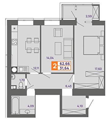 2-комнатная 62.66 м² в ЖК Молодежный от 15 000 грн/м², Хмельницкий