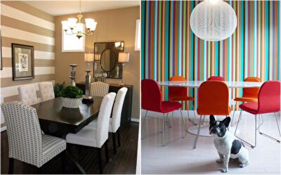 Разноцветный мир: 10 потрясающих столовых с полосатыми акцентными стенами