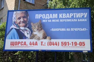 Кот со скандального борда с бабушкой уже продает квартиры в Киеве