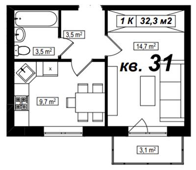 1-кімнатна 32.3 м² в ЖК Амстердам від 18 000 грн/м², с. Білогородка