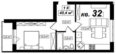 1-кімнатна 40.4 м² в ЖК Амстердам від 18 000 грн/м², с. Білогородка