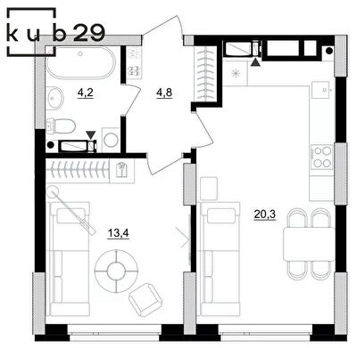 1-комнатная 42.7 м² в ЖК Kub29 от 40 400 грн/м², Киев