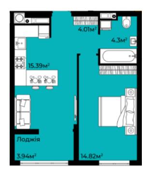 1-комнатная 42.46 м² в ЖК Континент от 25 500 грн/м², с. Сокольники