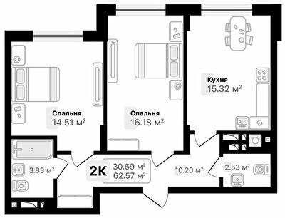 2-комнатная 62.57 м² в ЖК AUROOM FOREST от 20 100 грн/м², г. Винники