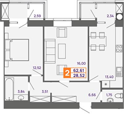 2-комнатная 62.61 м² в ЖК Молодежный от 15 000 грн/м², Хмельницкий