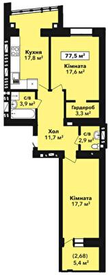 2-кімнатна 77.5 м² в ЖК Перлина Проскурова-2 від 15 100 грн/м², Хмельницький