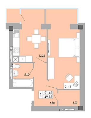 1-кімнатна 49.15 м² в ЖК Комфорт-Кам'янець від 12 250 грн/м², м. Кам`янець-Подільський