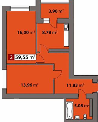 2-комнатная 59.55 м² в ЖК Парковый от 17 500 грн/м², Черкассы