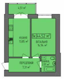 1-кімнатна 44.52 м² в ЖК Водограй від 15 850 грн/м², Івано-Франківськ