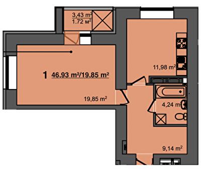 1-комнатная 46.93 м² в ЖК Свитанок от 17 900 грн/м², г. Борисполь
