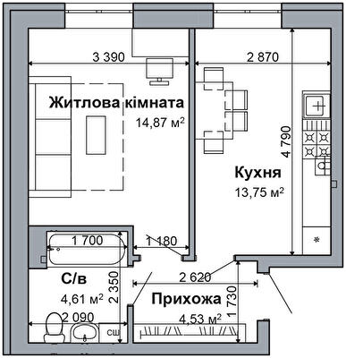 1-комнатная 37.76 м² в ЖК RODNOY-2 от 22 500 грн/м², с. Гатное