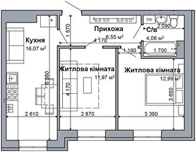 2-кімнатна 51.64 м² в ЖК RODNOY-2 від 22 500 грн/м², с. Гатне