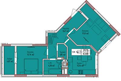 2-кімнатна 63.66 м² в ЖК Піонерський квартал від 27 000 грн/м², м. Вишневе