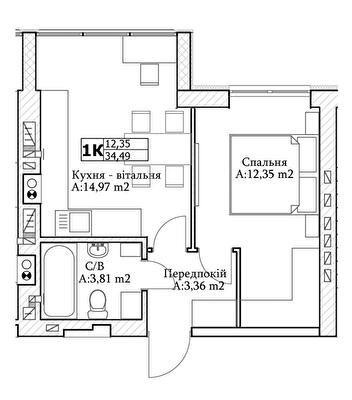 1-кімнатна 34.49 м² в ЖК GL Club від 25 100 грн/м², м. Ірпінь