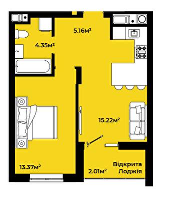 1-кімнатна 40.11 м² в ЖК CONTINENT STYLE від 21 500 грн/м², с. Сокільники