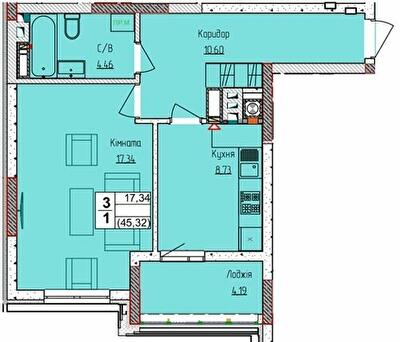 1-комнатная 45.32 м² в ЖК Пионерский квартал 2 от 26 600 грн/м², пгт Чабаны