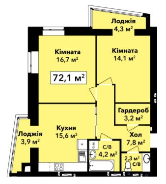 2-кімнатна 72.1 м² в ЖК Перлина Проскурова від 19 900 грн/м², Хмельницький
