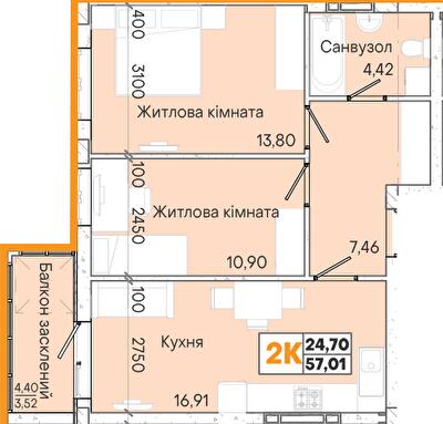 2-кімнатна 57.01 м² в ЖК Акварель-7 від 21 700 грн/м², Одеса