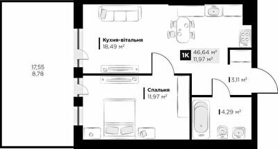 1-комнатная 46.64 м² в ЖК PERFECT LIFE от 23 400 грн/м², г. Винники