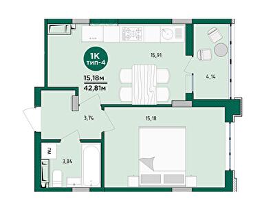 1-кімнатна 43.69 м² в ЖК Wellspring від 28 550 грн/м², м. Вишневе