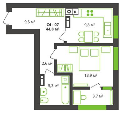 1-комнатная 44.8 м² в ЖК на ул. Франко, 21 от 21 850 грн/м², г. Борисполь