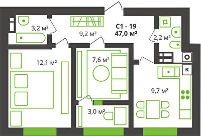 2-комнатная 47 м² в ЖК на ул. Франко, 21 от 21 050 грн/м², г. Борисполь