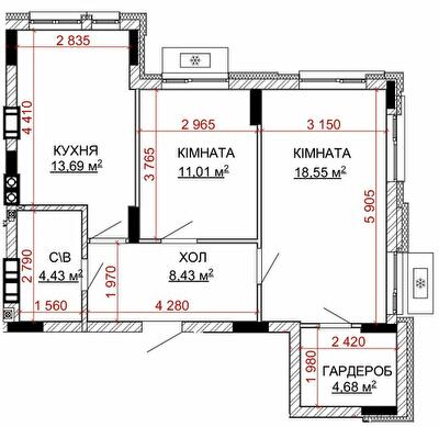 2-комнатная 60.79 м² в ЖК Найкращий квартал-2 от 23 400 грн/м², пгт Гостомель