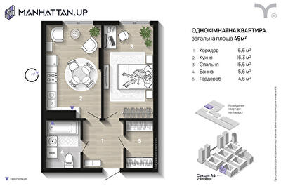 1-кімнатна 49 м² в ЖК Manhattan Up від 33 000 грн/м², Івано-Франківськ