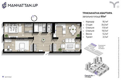 3-комнатная 95 м² в ЖК Manhattan Up от 33 000 грн/м², Ивано-Франковск
