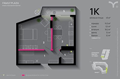 1-кімнатна 45 м² в ЖК Family Plaza від 35 500 грн/м², Івано-Франківськ
