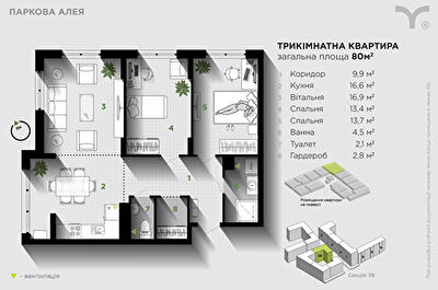 3-кімнатна 80 м² в ЖК Паркова алея від 31 200 грн/м², Івано-Франківськ